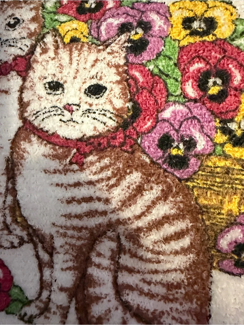 Vintage White Hand Towels with Brown Tabby Cats and Colorful Pansies
